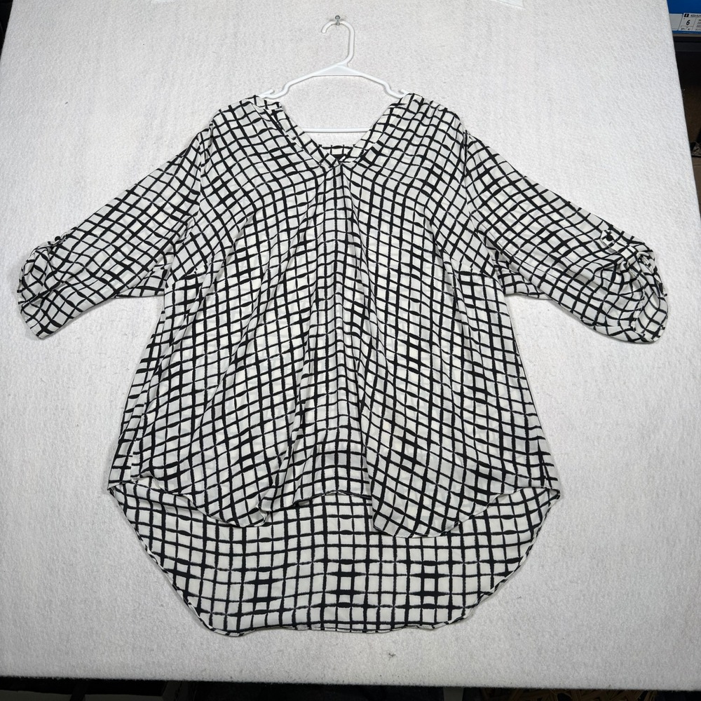 Worthington Woman Black White Grid Roll Tab Sleeve V-Neck Blouse 2X Plus Size